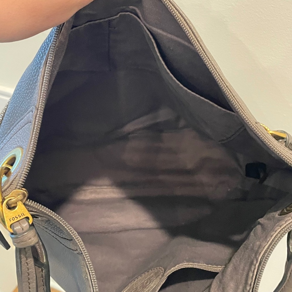 Fossil Gray Leather Geometric Patchwork Hobo Bag … - image 5